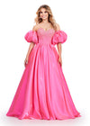 ASHLEYlauren 11642 Strapless Satin Ball Gown in Pink with Sweetheart Neckline, Beaded Corset Bustier, Detachable Puff Sleeves, and Lace Up Back