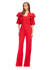 ASHLEYlauren 11760 Red Scuba Jumpsuit with Spaghetti Straps and Removable Ruffle-Accented Jacket for a Bold, Stylish Look