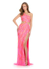 Pink ASHLEYlauren 11789 Fully Beaded One-Shoulder Gown with Cut-Out Sides, Open Back, and Left Leg Slit