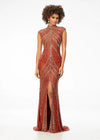 ASHLEYlauren 1674 Amber fully beaded gown with high neck, cap sleeves, centre slit, and geometric detailing