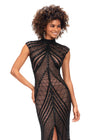 ASHLEYlauren 1674 Black fully beaded gown with high neck, cap sleeves, centre slit, and geometric detailing