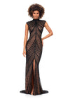 ASHLEYlauren 1674 Black fully beaded gown with high neck, cap sleeves, centre slit, and geometric detailing