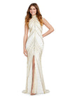 ASHLEYlauren 1674 Gold/Ivory fully beaded gown with high neck, cap sleeves, centre slit, and geometric detailing