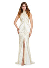 ASHLEYlauren 1674 Gold/Ivory fully beaded gown with high neck, cap sleeves, centre slit, and geometric detailing