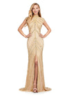 ASHLEYlauren 1674 Gold fully beaded gown with high neck, cap sleeves, centre slit, and geometric detailing