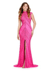 ASHLEYlauren 1674 Hot Pink fully beaded gown with high neck, cap sleeves, centre slit, and geometric detailing
