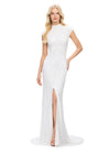 ASHLEYlauren 1674 Ivory fully beaded gown with high neck, cap sleeves, centre slit, and geometric detailing