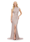 ASHLEYlauren 1674 Marble fully beaded gown with high neck, cap sleeves, centre slit, and geometric detailing