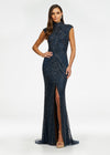 ASHLEYlauren 1674 Navy fully beaded gown with high neck, cap sleeves, centre slit, and geometric detailing
