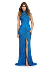 ASHLEYlauren 1674 Peacock fully beaded gown with high neck, cap sleeves, centre slit, and geometric detailing