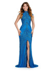 ASHLEYlauren 1674 Peacock fully beaded gown with high neck, cap sleeves, centre slit, and geometric detailing