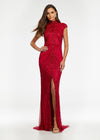 ASHLEYlauren 1674 Red fully beaded gown with high neck, cap sleeves, centre slit, and geometric detailing