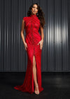 ASHLEYlauren 1674 Red fully beaded gown with high neck, cap sleeves, centre slit, and geometric detailing