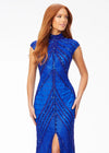 ASHLEYlauren 1674 Royal fully beaded gown with high neck, cap sleeves, centre slit, and geometric detailing