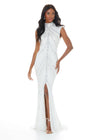 ASHLEYlauren 1674 Silver/Ivory fully beaded gown with high neck, cap sleeves, centre slit, and geometric detailing