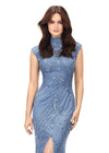 ASHLEYlauren 1674 Vintage Blue fully beaded gown with high neck, cap sleeves, centre slit, and geometric detailing