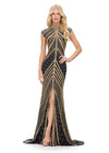 ASHLEYlauren 1674 black and gold fully beaded gown with high neck, cap sleeves, centre slit, and geometric detailing