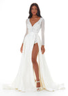 White ASHLEYlauren 1997 – A dramatic satin overskirt featuring a left leg slit, horsehair trim, and a sweeping train. Perfect for adding a touch of elegance and flair to your favorite dress, romper, bodysuit, or jumpsuit.
