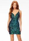 ASHLEYlauren 4521 stretch sequin cocktail dress featuring a V-neckline, V-back, and a fitted skirt for a sleek and glamorous look.