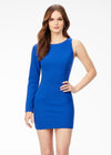 ASHLEYlauren 4556 jersey cocktail dress featuring a crew neckline, one sleeve, asymmetrical side lace-up back, and a fitted skirt for a sleek and modern look.