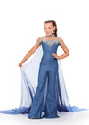 ASHLEYlauren 8267 fun kids denim jumpsuit featuring a crystal-encrusted neckline, off-shoulder draped straps, a crystal neck choker, and an attached chiffon cape for a bold and stylish statement look.