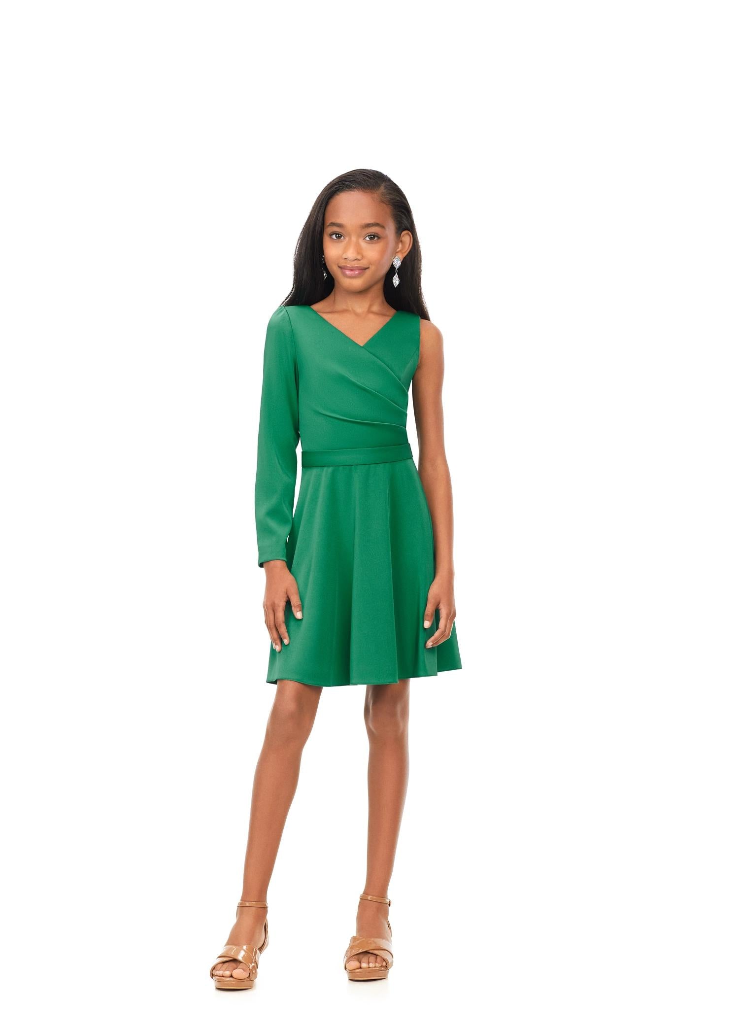 ASHLEYlauren 8171 - Crepe V-Neck Cocktail Dress with One Sleeve