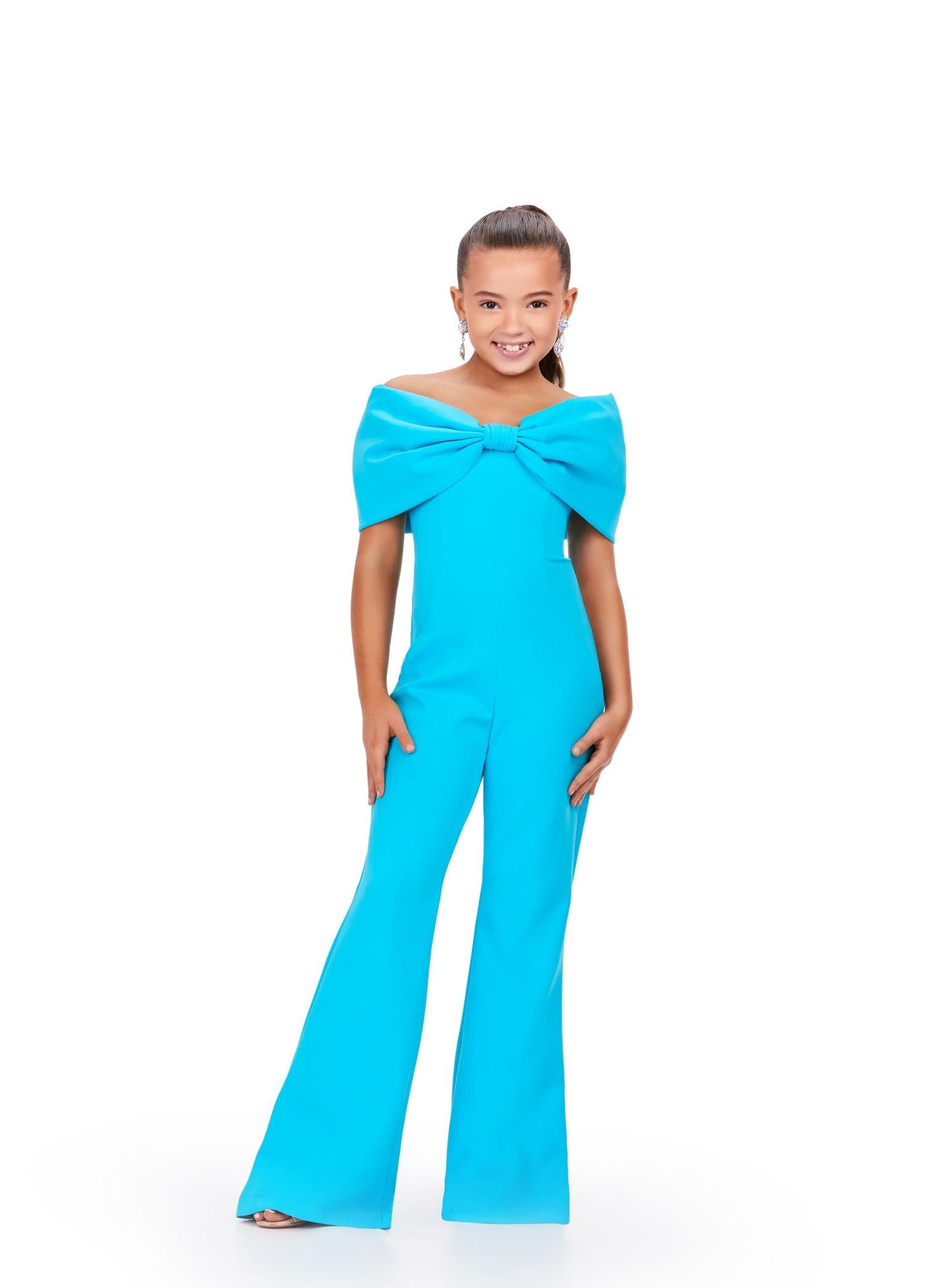 ASHLEYlauren Kids 8227 Turquoise Off Shoulder Scuba Jumpsuit with Oversized Bow