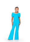 ASHLEYlauren Kids 8227 Turquoise Off Shoulder Scuba Jumpsuit with Oversized Bow