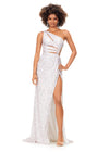 Ab Blush/Ivory ASHLEYlauren 11288 stunning one shoulder fully hand-beaded gown featuring modern cut outs, criss cross waist straps, a left leg slit, and a sweep train for a bold and statement-making entrance.