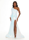 Ab/Ivory ASHLEYlauren 11026 fully sequin gown featuring a one shoulder neckline with a single long sleeve, high left leg slit, full train, and an exposed zipper for a bold and glamorous look.