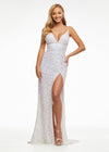 Ab/Ivory ASHLEYlauren 11037 fully hand-beaded gown featuring adjustable spaghetti straps, a V-neckline, wide waistband to accentuate curves, lace-up back, and a left leg slit for an elegant and figure-enhancing look.