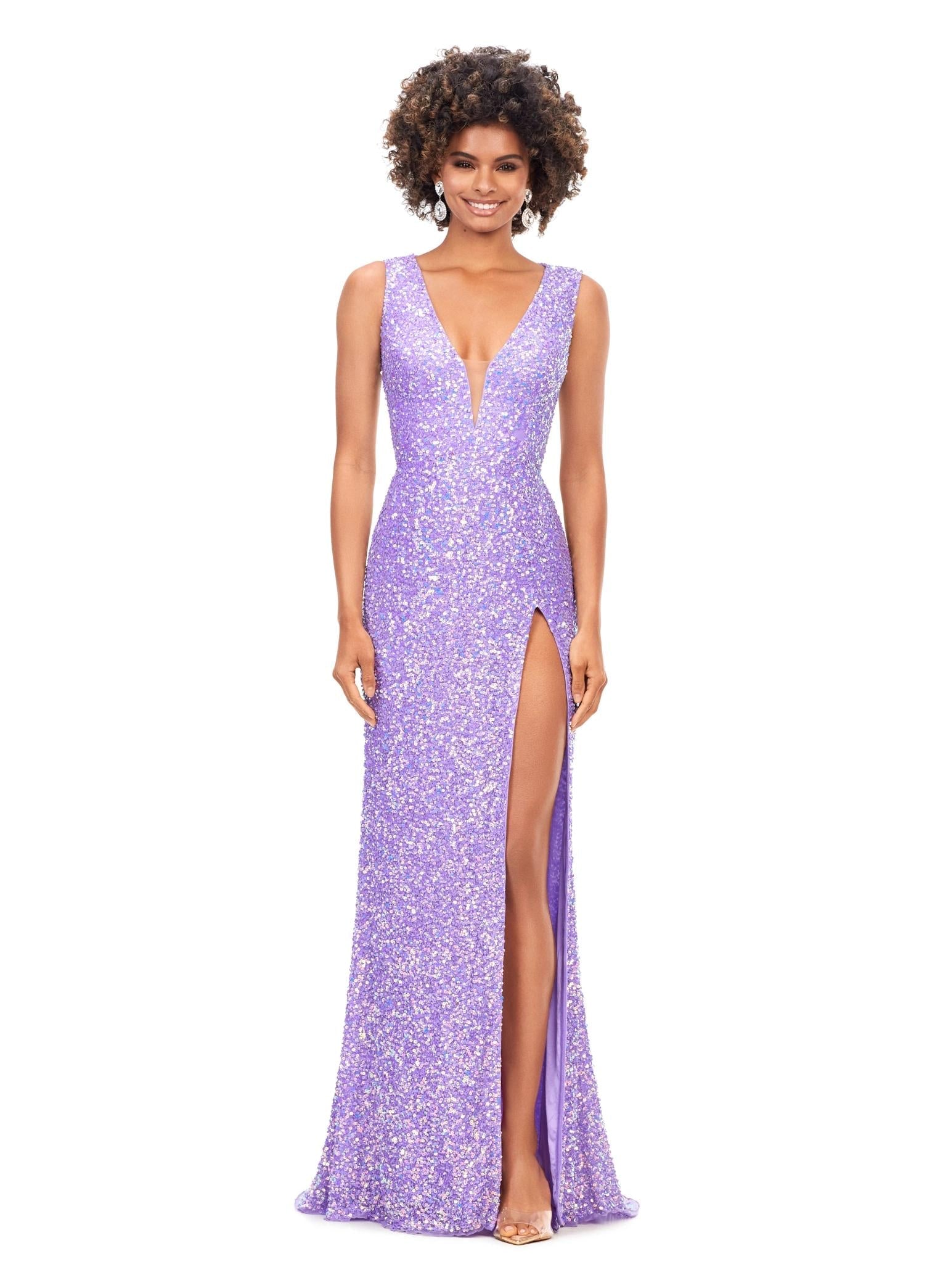 Ab/Orchid ASHLEYlauren 11373 stunning fitted gown featuring a deep V-neckline, lace-up open back, fully hand-beaded design, and a left leg slit, available in vibrant colors for a bold and head-turning look.