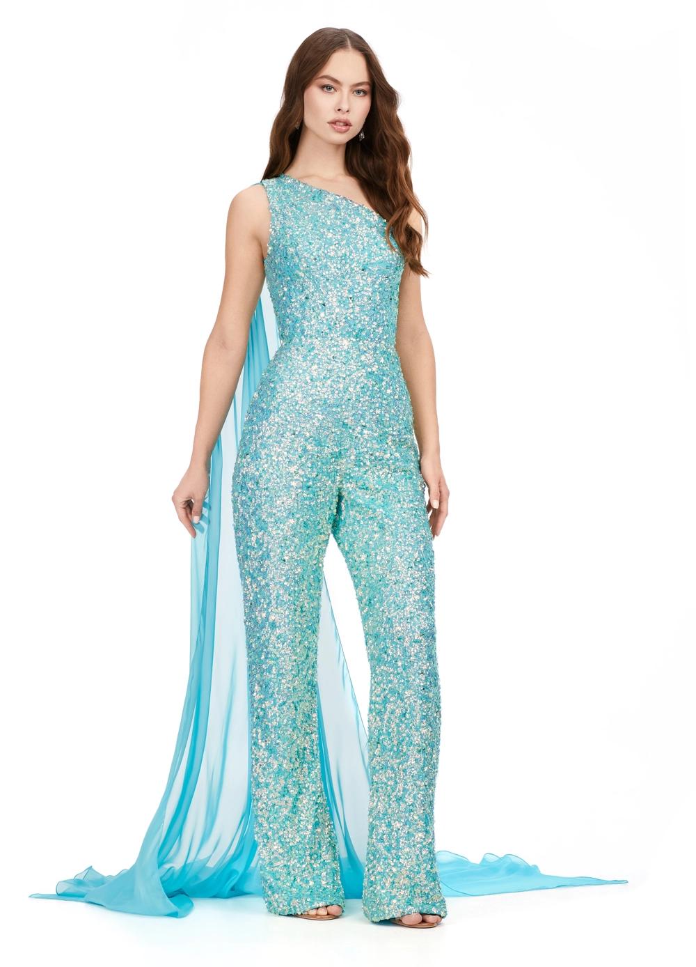 Ab/Turquoise ASHLEYlauren 11384 eye-catching sequin jumpsuit featuring a one shoulder neckline, removable cape, open back with sequin straps, for a bold and glamorous statement look.