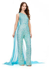 Ab/Turquoise ASHLEYlauren 11384 eye-catching sequin jumpsuit featuring a one shoulder neckline, removable cape, open back with sequin straps, for a bold and glamorous statement look.