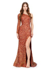 AmberASHLEYlauren 1977 fitted hand-beaded dress featuring a one shoulder long sleeve, left leg slit, and a horsehair hem for an elegant and sophisticated look. Back back