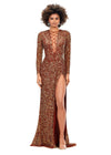 Amber ASHLEYlauren 11241 Fully Sequin Fitted Gown with Lace-Up Bustier, Long Sleeves, and Left Leg Slit