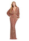 Amber ASHLEYlauren 11490 Elegant Fully Beaded Gown with Deep V-Neckline, Flowing Dolman Sleeves, and Glamorous Silhouette