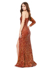 Amber ASHLEYlauren 1977 fitted hand-beaded dress featuring a one shoulder long sleeve, left leg slit, and a horsehair hem for an elegant and sophisticated look. Back back Back