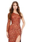 Amber ASHLEYlauren 1977 fitted hand-beaded dress featuring a one shoulder long sleeve, left leg slit, and a horsehair hem for an elegant and sophisticated look. Back back