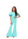 Aqua. ASHLEYlauren Kids 8156 versatile scuba jumpsuit featuring a classic crew neckline, playful ruffle sleeves, and flare bottom pants for a fun and stylish look.