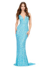Aqua ASHLEYlauren 11081 Hand Beaded Gown with Deep V-Neckline, V-Back, and Illusion Cut Outs