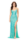 Aqua ASHLEYlauren 11342 sequin gown featuring double spaghetti straps, a sweetheart neckline, lace-up back with beaded fringe tassels, and a left leg slit for a glamorous and elegant look.