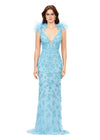 Aqua ASHLEYlauren 11349 beaded gown featuring a V-neckline, feather shoulder details, V-back, and a sweep train for an elegant and dramatic look.