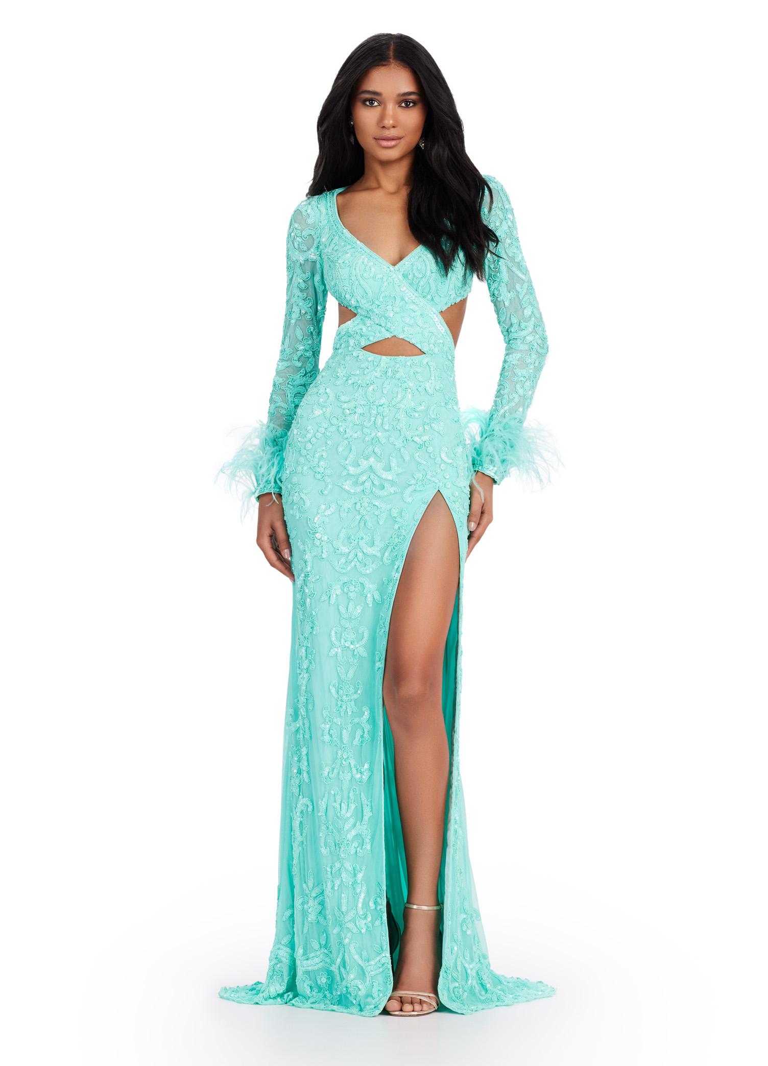 Aqua ASHLEYlauren 11364 beaded gown featuring a V-neckline, crisscross cut-out bodice, long sleeves trimmed with feathers, left leg slit, and a sweep train for added drama.
