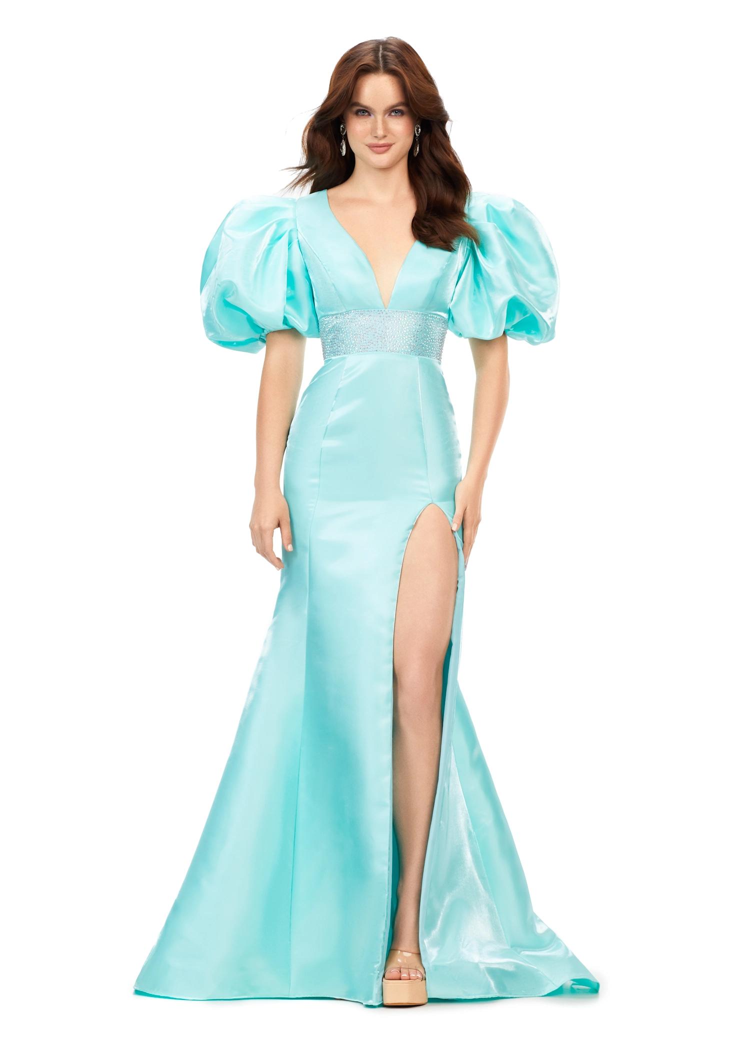 Aqua ASHLEYlauren 11379 Shimmer Satin Fitted Gown with V-Neckline, Lace-Up Back, Oversized Puff Sleeves, and Scattered Heat Set Stone Waistband