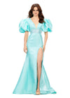 Aqua ASHLEYlauren 11379 Shimmer Satin Fitted Gown with V-Neckline, Lace-Up Back, Oversized Puff Sleeves, and Scattered Heat Set Stone Waistband