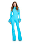 Aqua ASHLEYlauren 11441 statement scuba jumpsuit featuring a high neckline, dramatic feather cuffs, and an open back for a bold and sophisticated look.