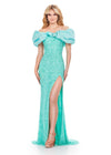Aqua ASHLEYlauren 11581 Fully Beaded Off Shoulder Gown with Taffeta Ruffles, Left Leg Slit, and Dramatic Detail