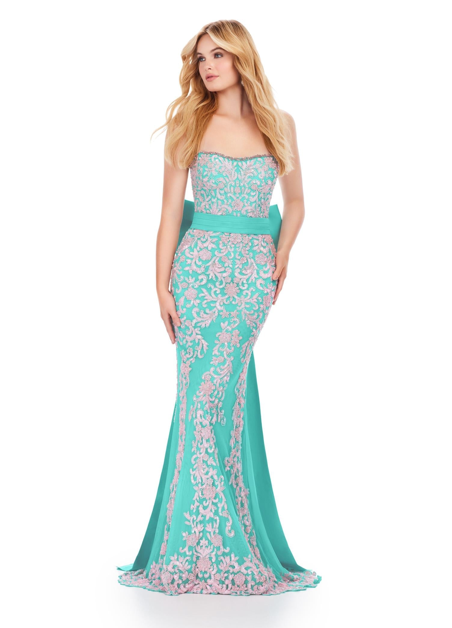 Aqua ASHLEYlauren 11583 Strapless Fully Beaded Gown with Intricate Beaded Design, Detachable Taffeta Belt, and Oversized Bow