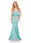 Aqua ASHLEYlauren 11583 Strapless Fully Beaded Gown with Intricate Beaded Design, Detachable Taffeta Belt, and Oversized Bow